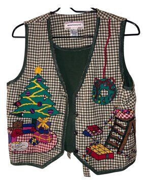 Vintage Westbound Christmas Vest With Embroidered Tree Wreath & Gifts Checked Pa